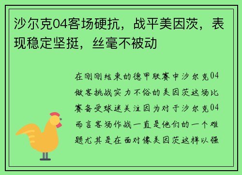 沙尔克04客场硬抗，战平美因茨，表现稳定坚挺，丝毫不被动